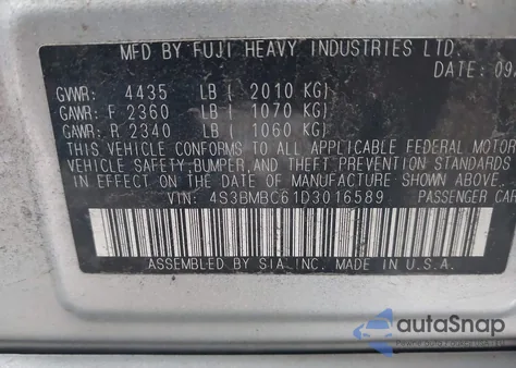 2013 Subaru Legacy 2.5I Premium из США, поврежденный, VIN 4S3BMBC61D3016589